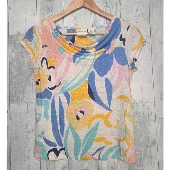 Rachel Zoe 100% Washable Linen Art Floral Print Cap Sleeved Top Sz S - Picture 1 of 5